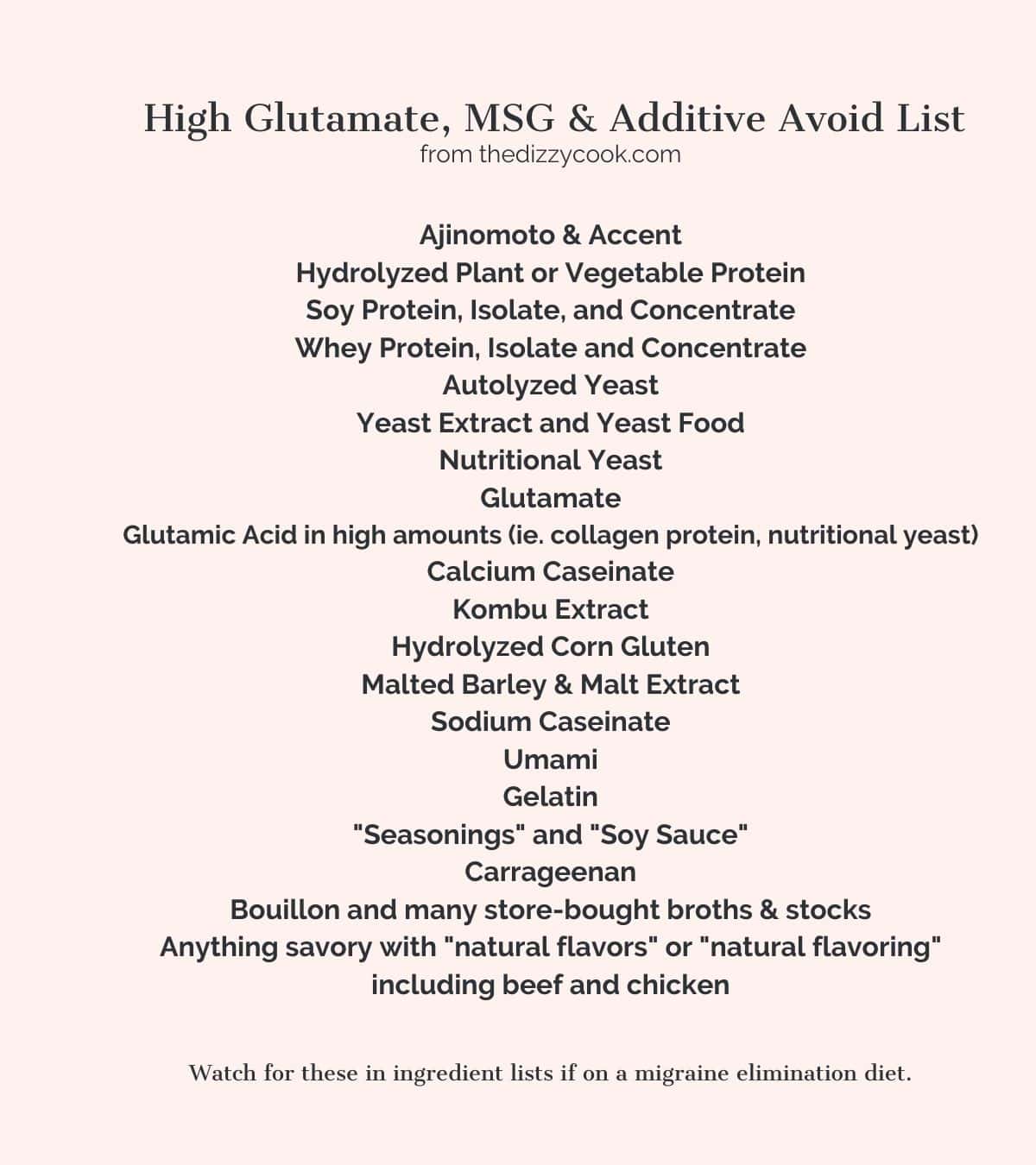 A list of common ingredients to avoid that are high glutamate, msg, and additives on the heal your headache diet.