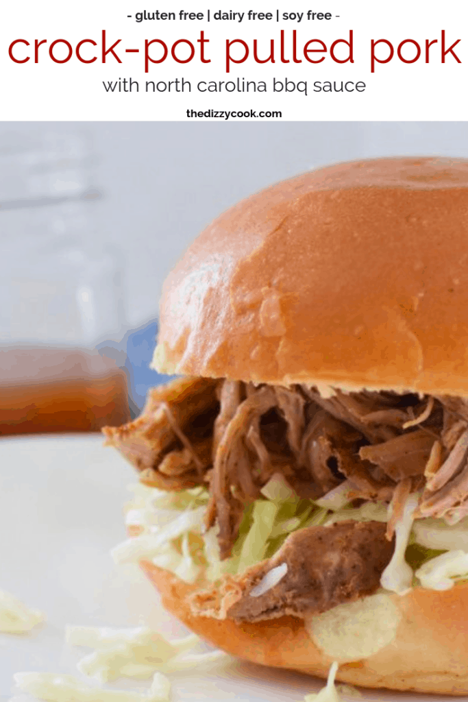 Easy slow cooker pulled pork with a vinegar based North Carolina BBQ sauce - gluten free, dairy free, healthy, easy, and migraine-friendly! #pulledpork #slowcooker #crockpot