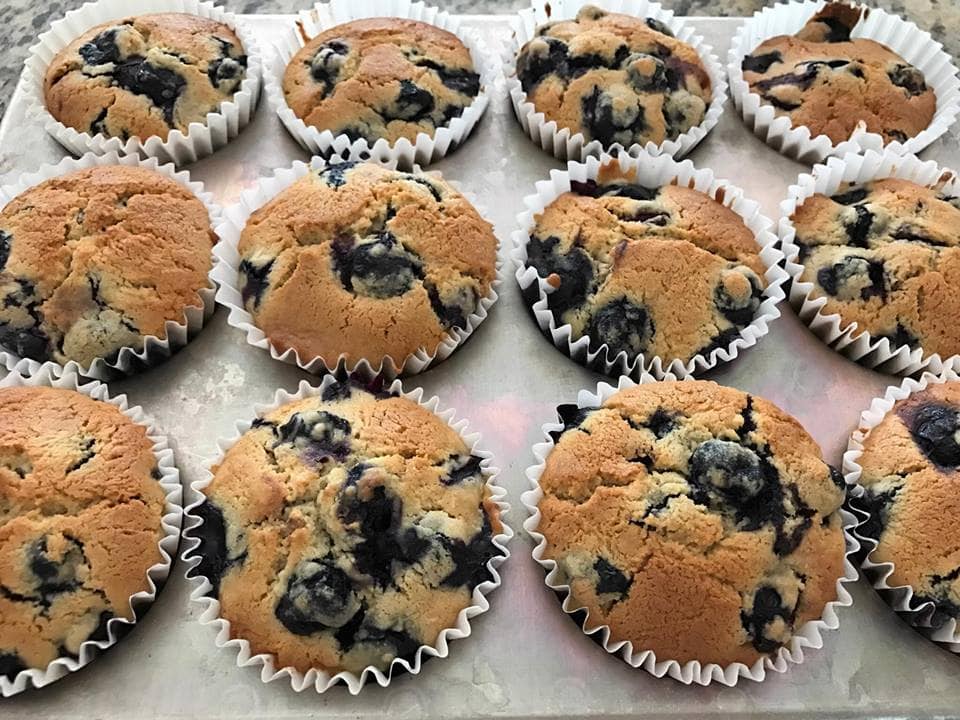 Blueberry muffins in a silver muffin pan