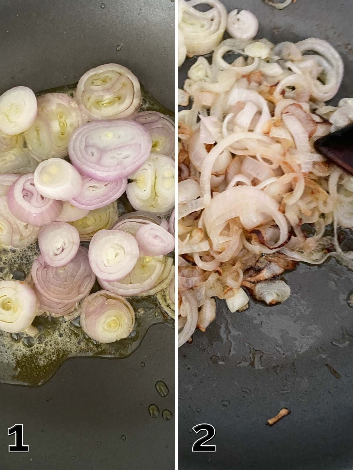 Two pictures showing how to caramelize shallots in a pan