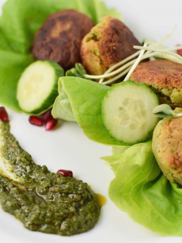 Falafel with cucumber, pomegranate, and zhoug sauce