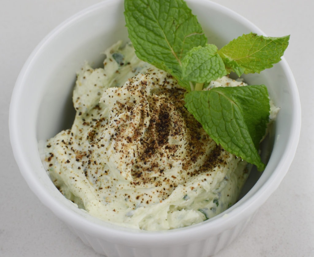 Mint and Herb Goat Cheese in a white bowl