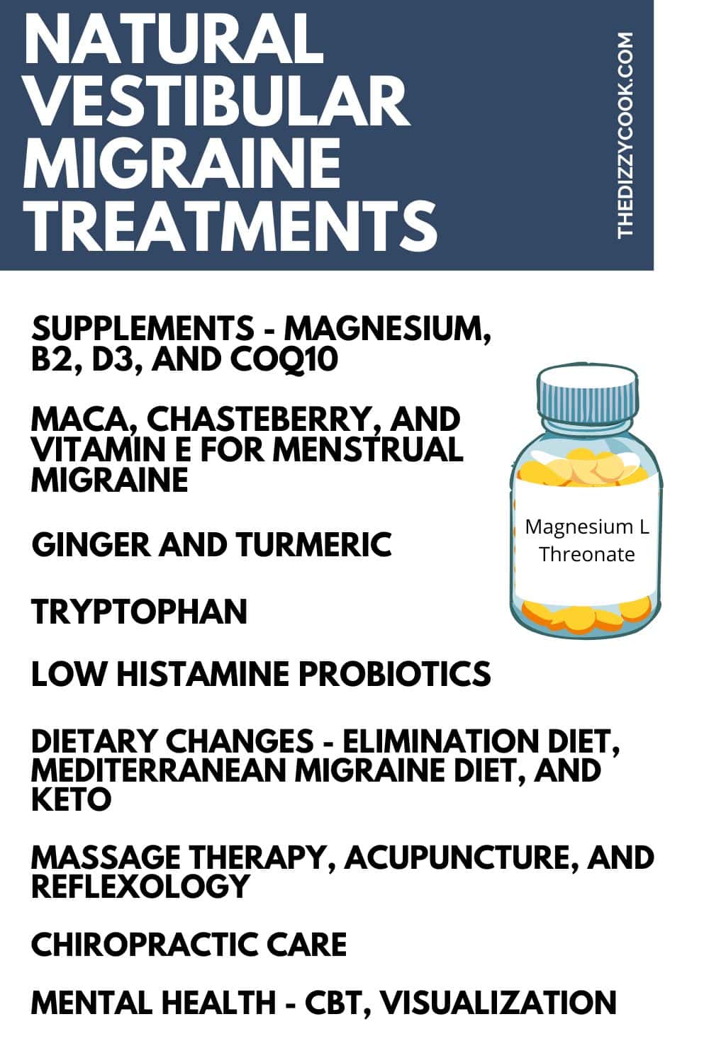 Infographic on natural vestibular migraine treatments listing supplements, diet, and massage therapy.