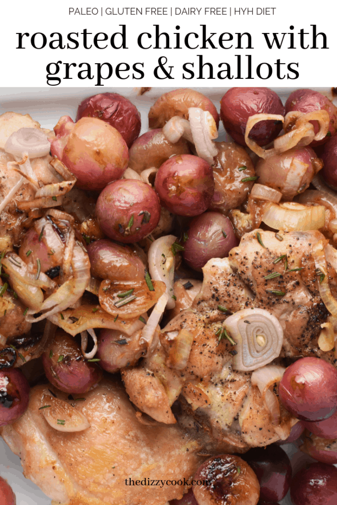 A one skillet meal, this roasted chicken with grapes and shallots is delicious for an easy weeknight meal! #chicken #grapes #easydinner