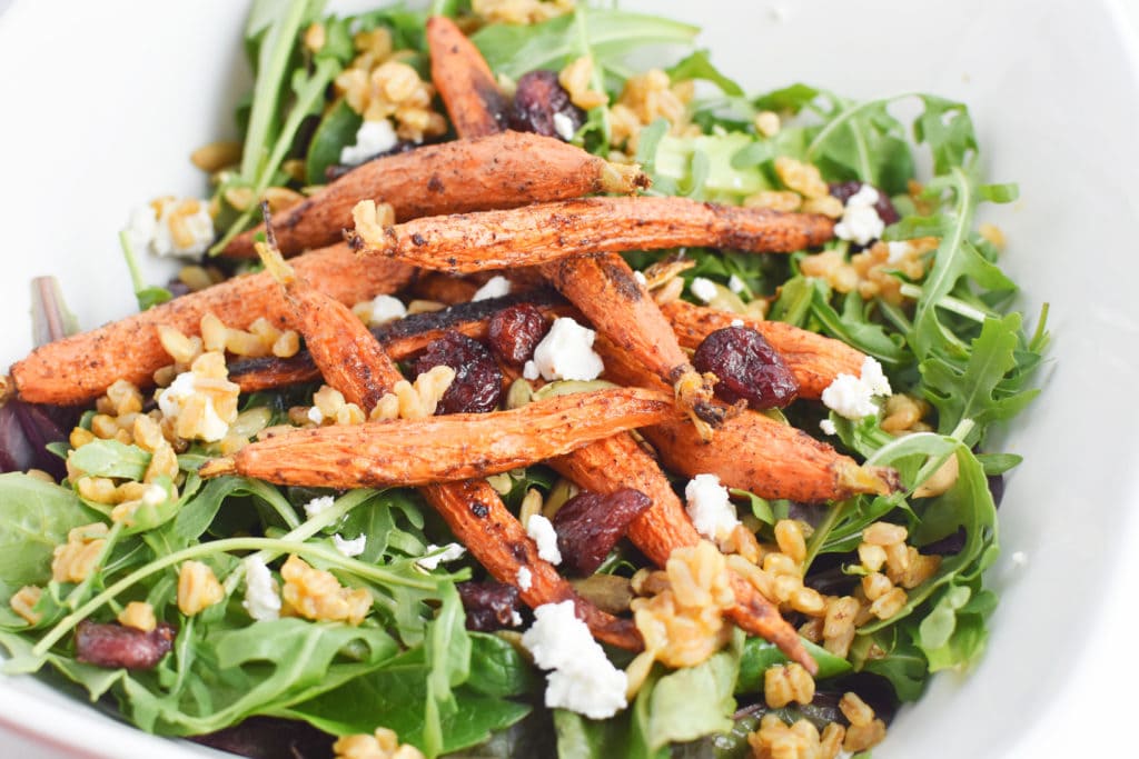 Healthy, Migraine Diet Farro and Arugula Salad with Moroccan Roasted Carrots