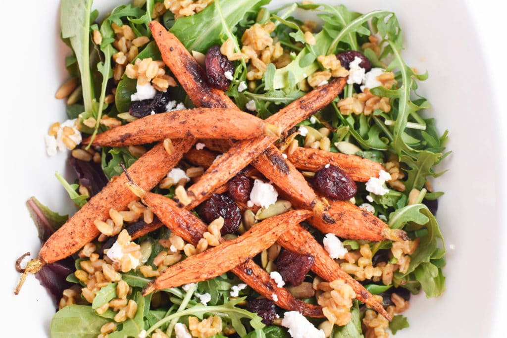 Healthy, Migraine Diet Farro and Arugula Salad with Moroccan Roasted Carrots