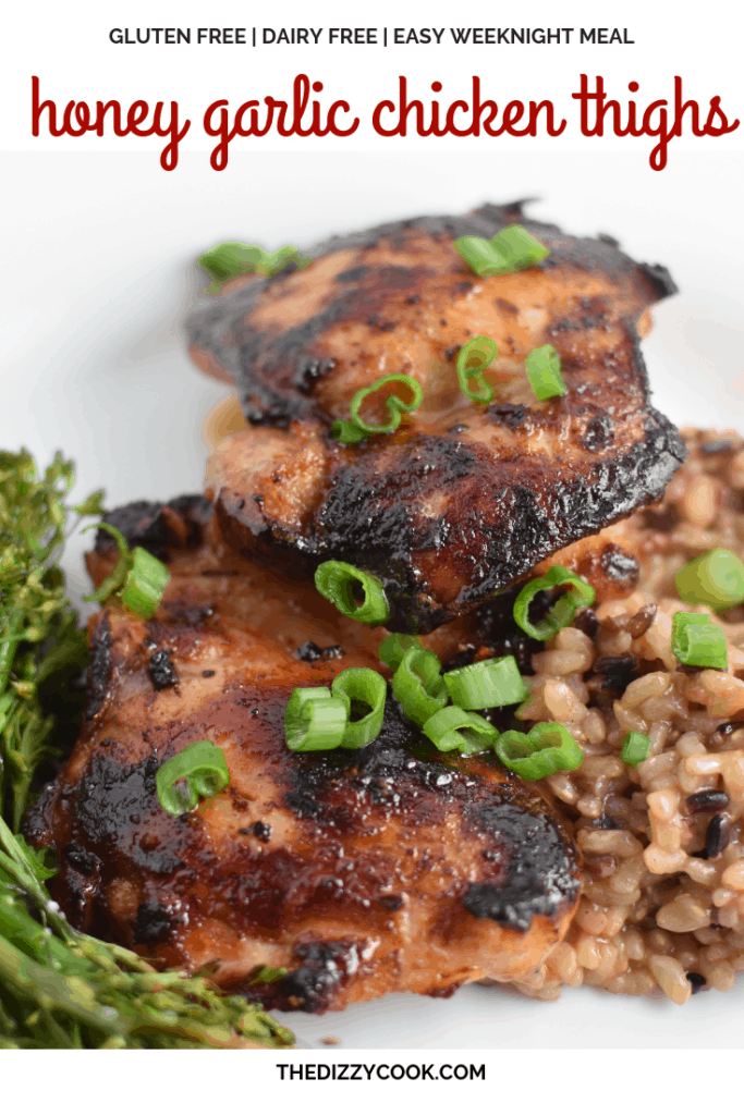 Low carb, paleo, and easy this honey garlic chicken thigh recipe can also be made with chicken breasts. The spices are super flavorful and it cooks quickly. It's one of my most popular recipes. #chicken #recipes #paleo