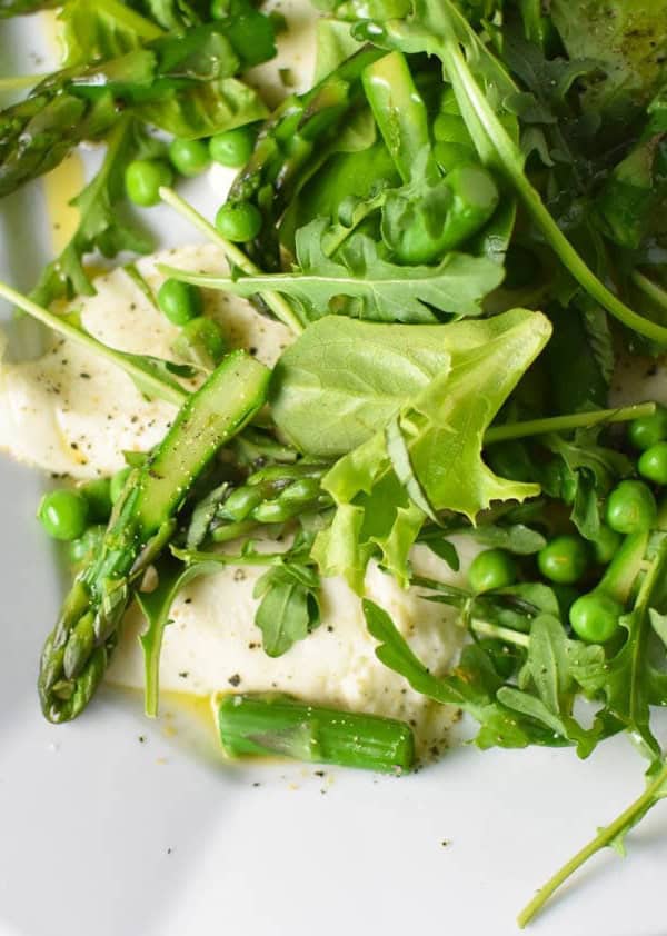 A unique update to traditional caprese salad, this spring vegetable caprese uses asparagus and fresh mozzarella. #springrecipes #capresesalad #salad #migrainediet