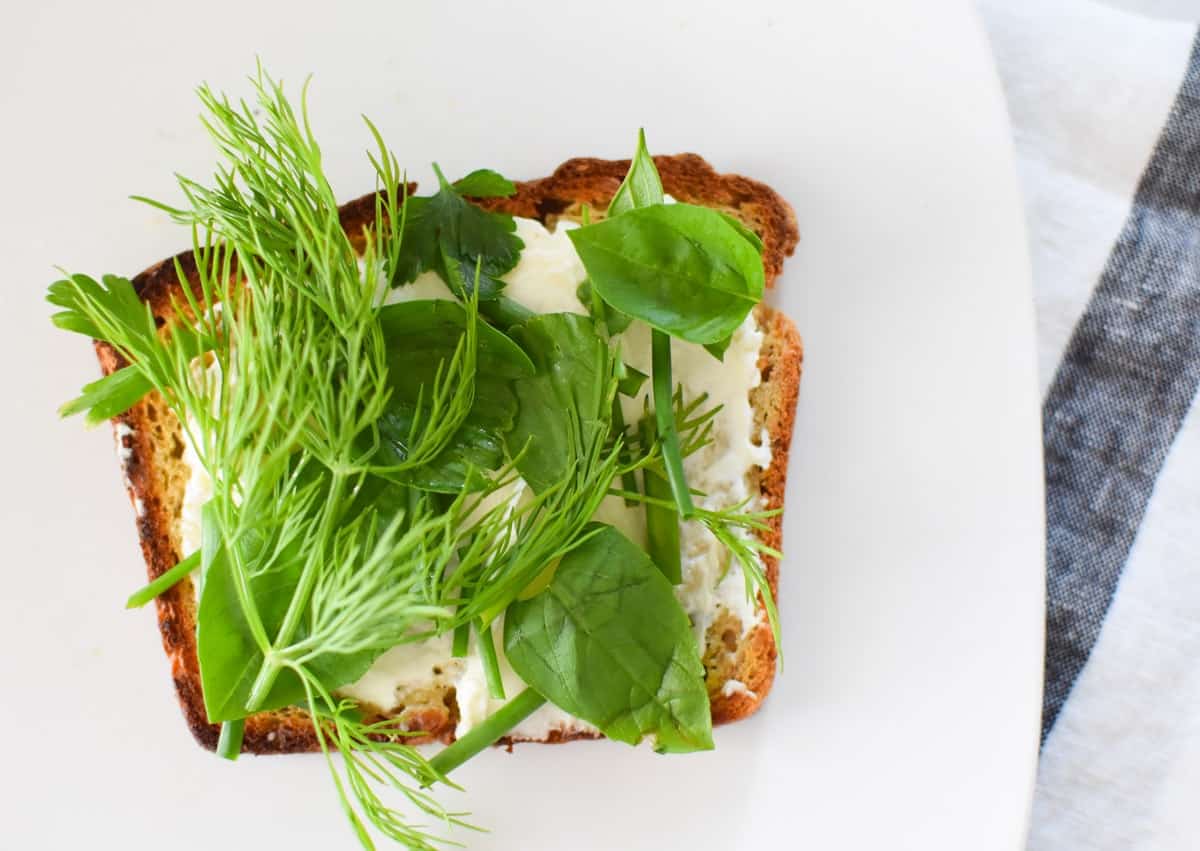 Toast with cream cheese, dill, basil, and chives.