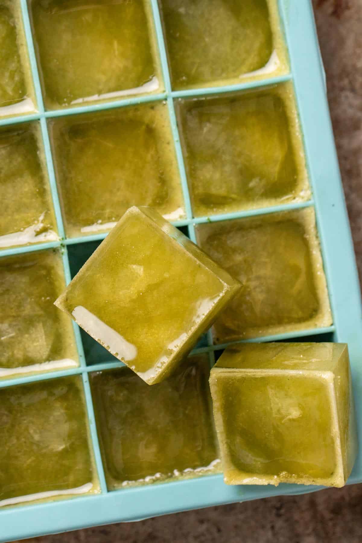 A pear mocktail frozen into ice cubes for storage.