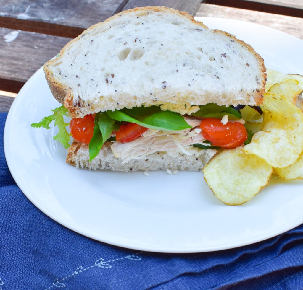 Sandwich with tomatoes, chicken, and spinach on a plate with chips