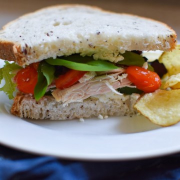 Sandwich with tomatoes, chicken, and spinach on a plate with chips