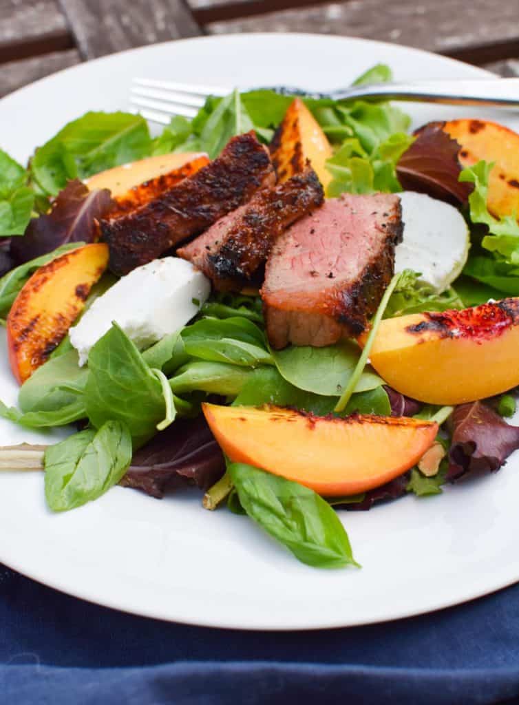 Easy Grilled Steak Salad with Fresh Peaches - The perfect end of summer salad that can be made #paleo or migraine free on the heal your headache diet