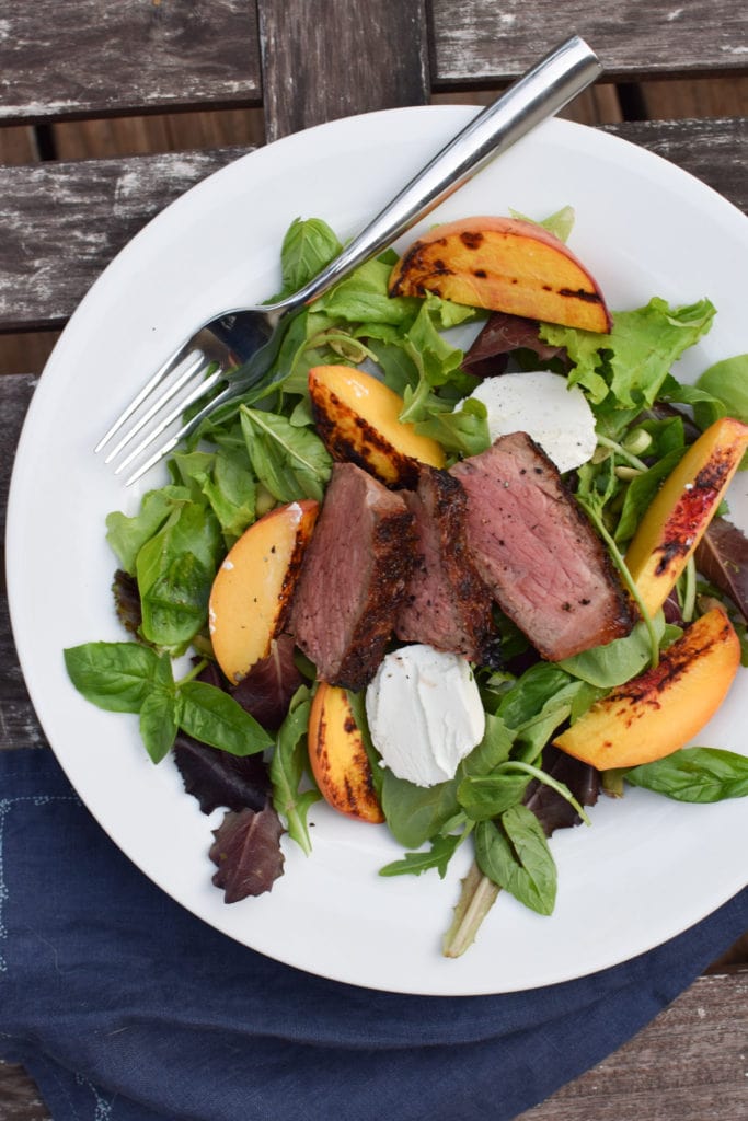 Easy Grilled Steak Salad with Fresh Peaches - The perfect end of summer salad that can be made #paleo or migraine free on the heal your headache diet