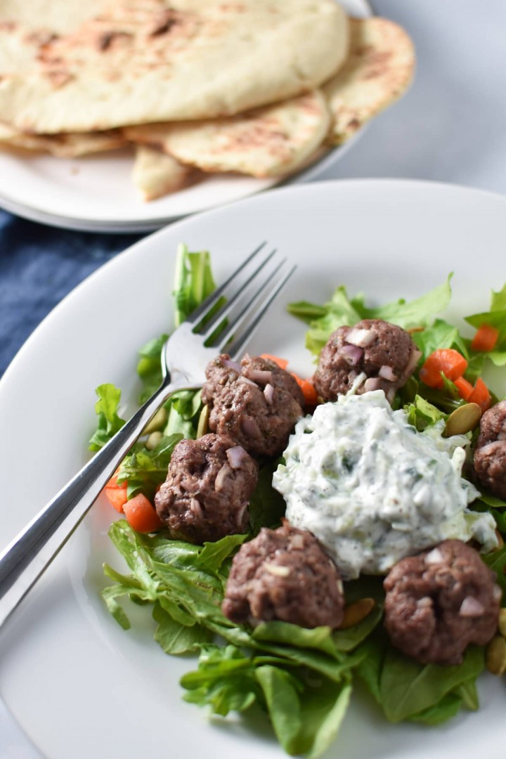 A 5 day meal plan for the Heal Your Headache diet for migraine management. These greek meatballs are made with a faux tzatziki sauce without yogurt. #migraine #healyourheadache #mealplan