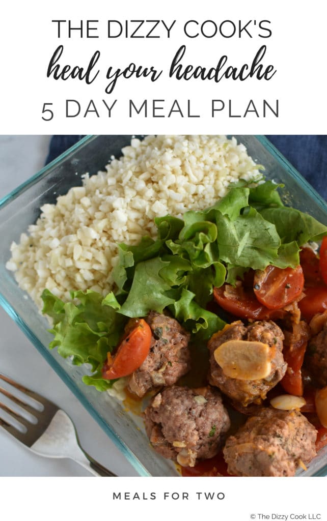 A 5 day meal plan for the Heal Your Headache diet for migraine management. These greek meatballs are made with a faux tzatziki sauce without yogurt. #migraine #healyourheadache #mealplan