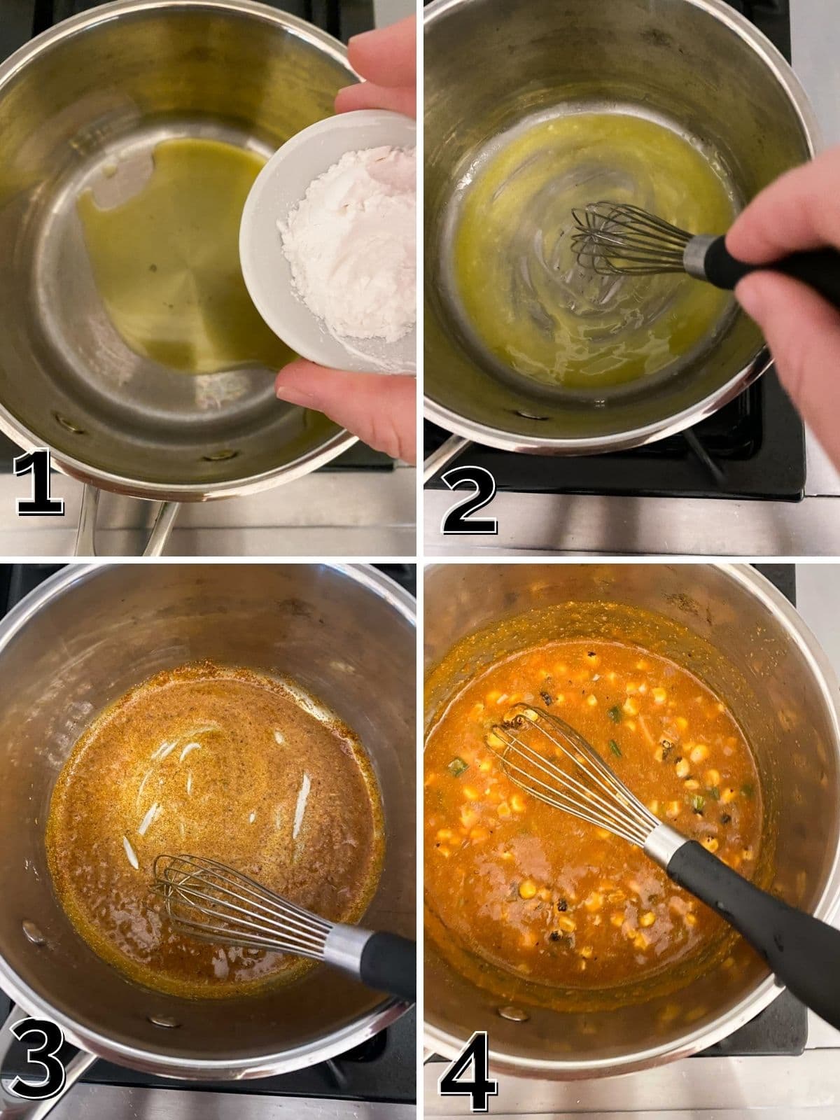 A step by step process for making enchilada sauce from adding oil and flour to whisking in spices and broth. 