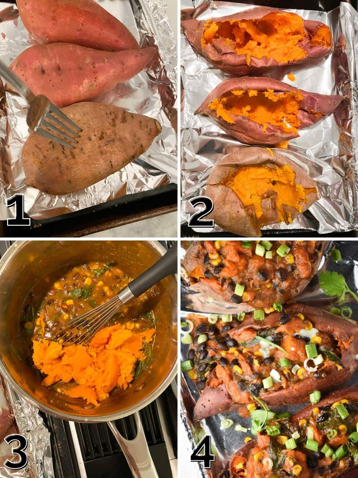 A step by step process for stuffing sweet potatoes from baking, scooping out the inside, mixing the sweet potatoes with vegetables, and stuffing back inside.