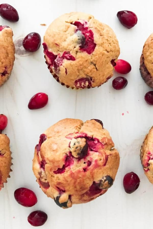 The perfect fall muffin for your Thanksgiving or Christmas breakfast! Light and fluffy, these cranberry pomegranate muffins can be made gluten free. #vegetarian #muffins #fall #cranberry #pomegranate