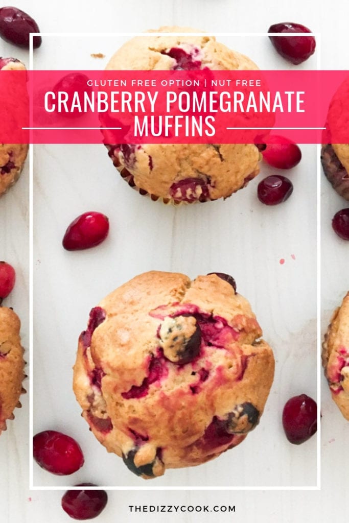 The perfect fall muffin for your Thanksgiving or Christmas breakfast! Light and fluffy, these cranberry pomegranate muffins can be made gluten free. #vegetarian #muffins #fall #cranberry #pomegranate