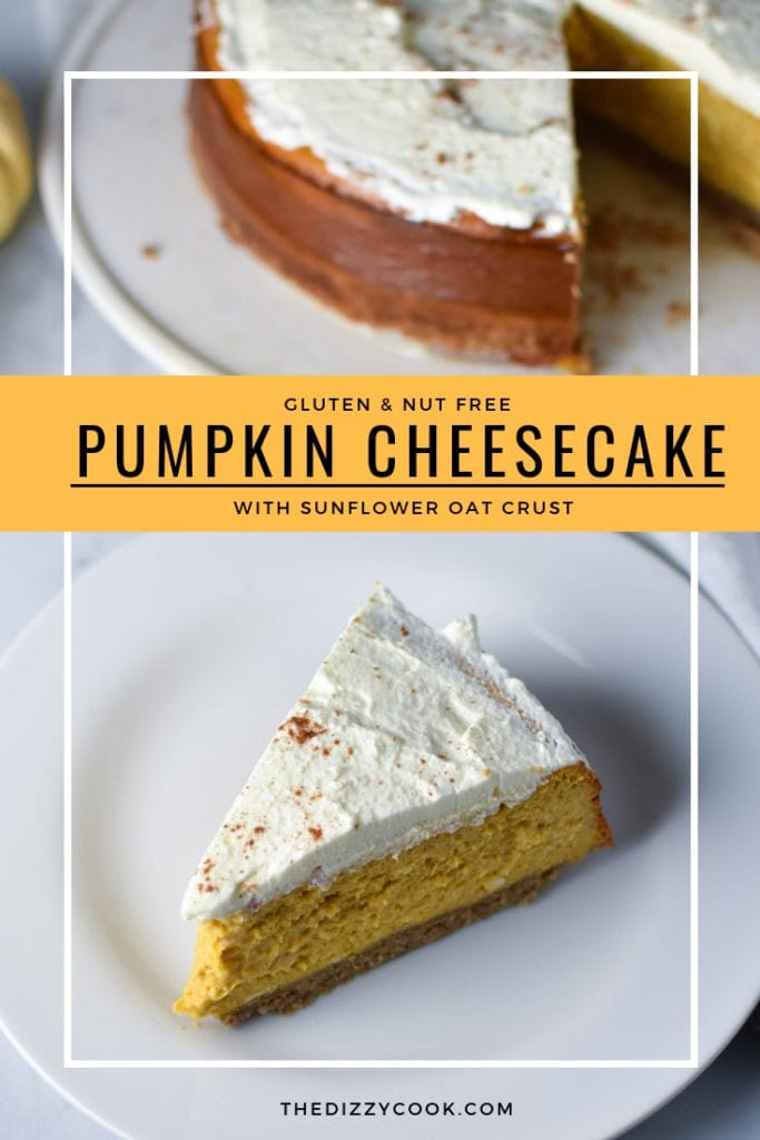 Pumpkin cheesecake with sunflower seed and oat crust is perfect for any holiday dessert! No water bath required, your family and friends will love this easy Thanksgiving recipe. #pumpkincheesecake #thanksgiving #christmas #nutfree #glutenfree