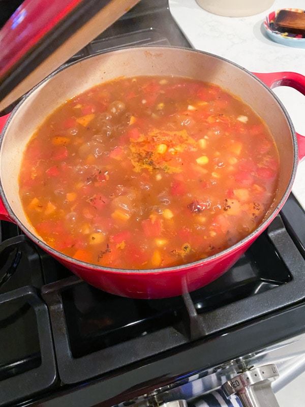 Tortilla soup boiling in a red pot on a gas stove