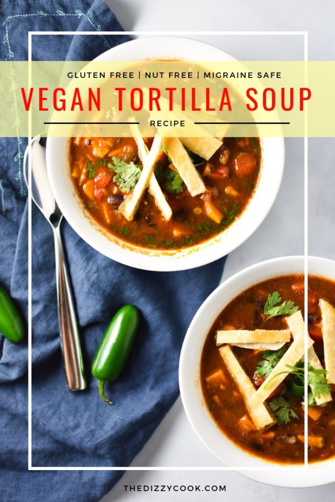 Vegan Tortilla Soup that is also gluten free and perfect for cold winter nights and family dinners or lunch. Easy to make with tons of flavor and migraine safe! #vegan #tortillasoup #soup #migrainediet