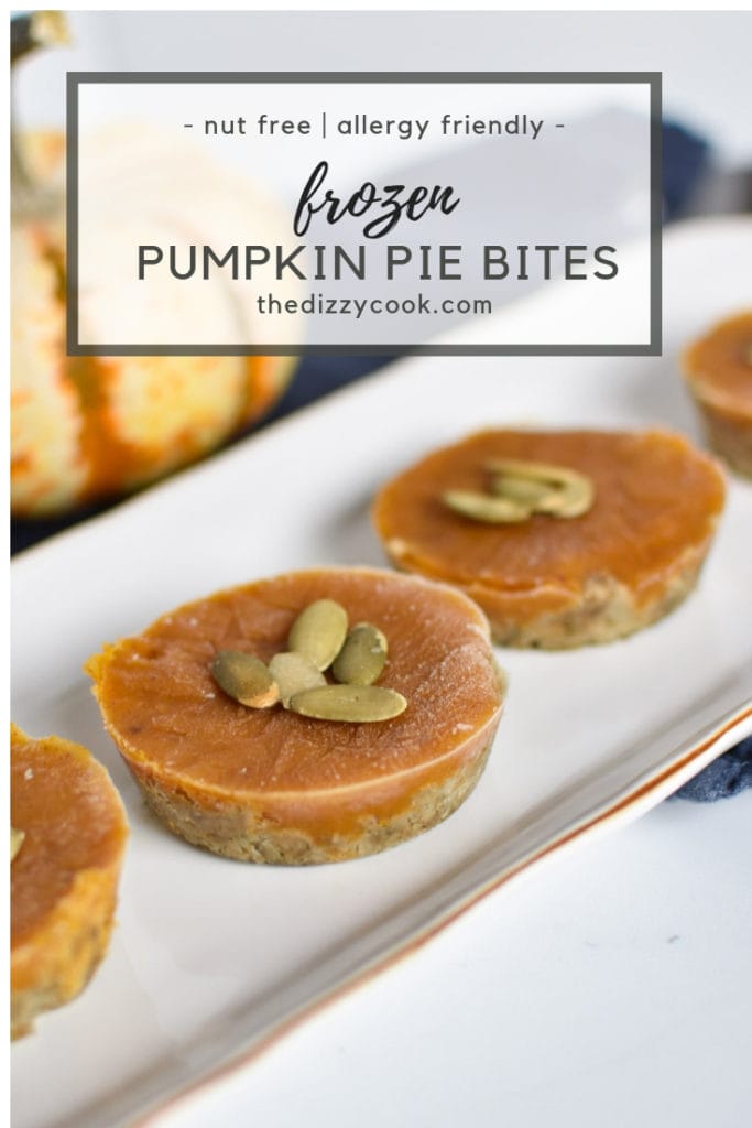 Allergy friendly pumpkin pie bites that are egg free, dairy free, gluten free, and nut free. Perfect for Thanksgiving, these bites are frozen and easy to make. #pumpkinpie #thanksgiving #recipes #paleo #nutfree