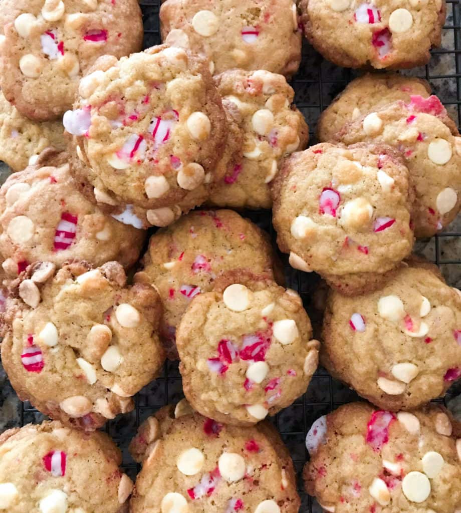 White chocolate peppermint cookies that are chewy with a slight crunch. These cookies are perfect for your holiday meals and Christmas parties! #cookies #christmas #peppermint #whitechocolate #christmascookies