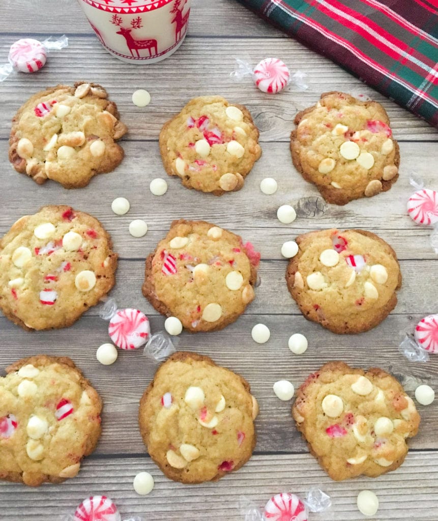 White chocolate peppermint cookies that are chewy with a slight crunch. These cookies are perfect for your holiday meals and Christmas parties! #cookies #christmas #peppermint #whitechocolate #christmascookies