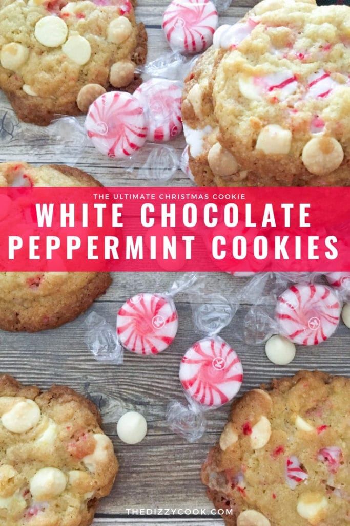 White chocolate peppermint cookies that are chewy with a slight crunch. These cookies are perfect for your holiday meals and Christmas parties! #cookies #christmas #peppermint #whitechocolate #christmascookies