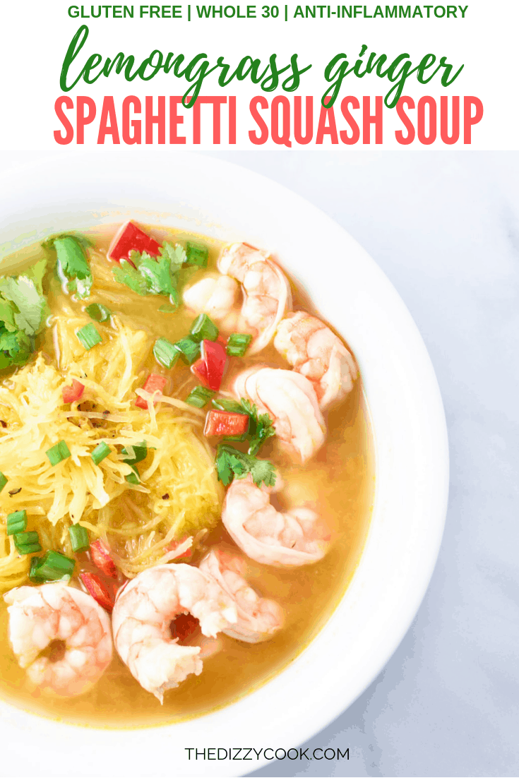 Whether you have a cold or you're going Whole 30, this lemongrass ginger and spaghetti squash soup will make the perfect meal. Packed full of migraine aborting ginger and anti-inflammatory lemongrass. #migrainediet #lemongrass #soup #healthy