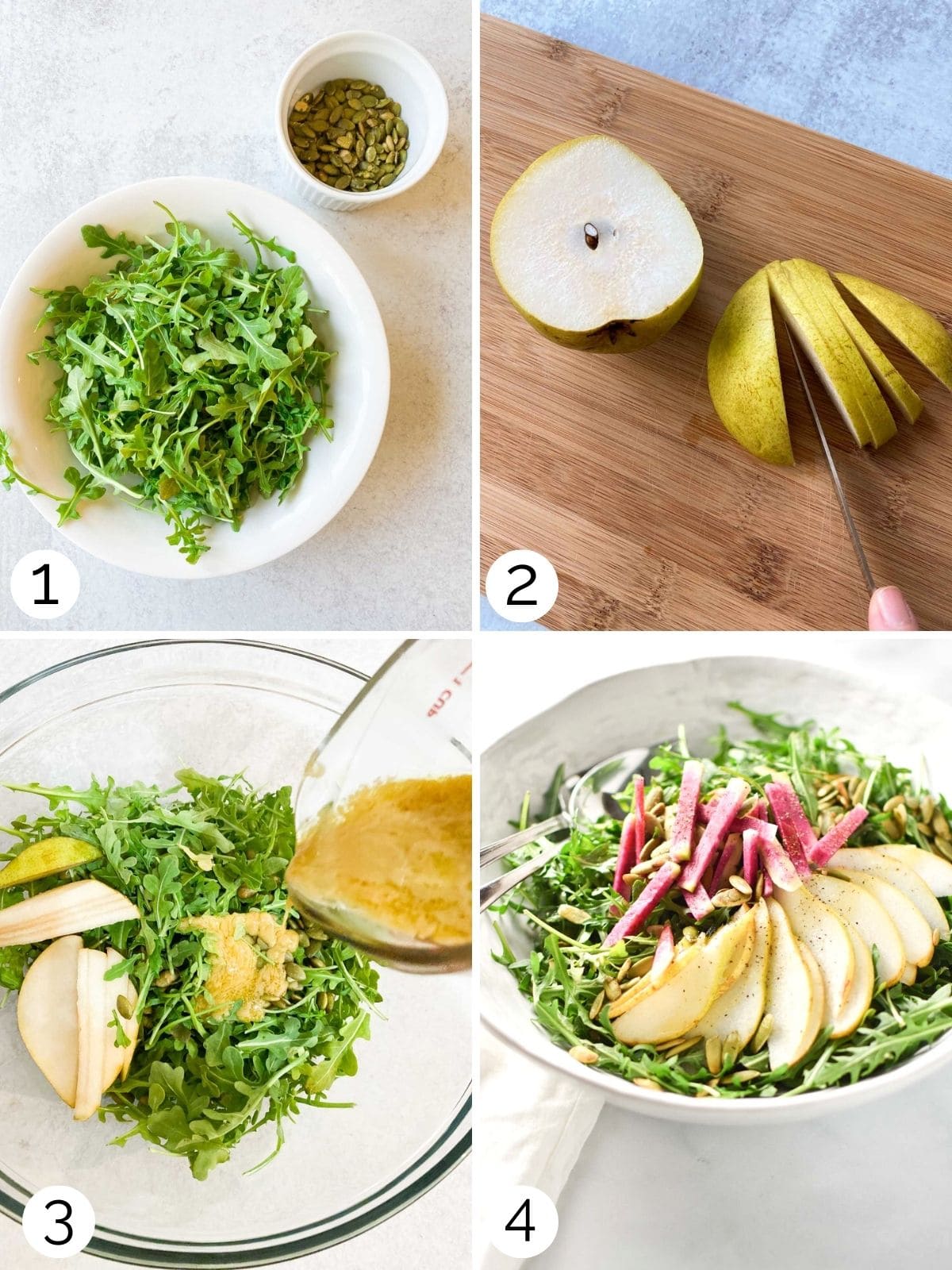 Step by step photos of slicing pears and adding them to rocket.