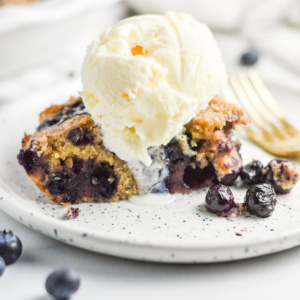 Crustless blueberry pie with warm vanilla ice cream.