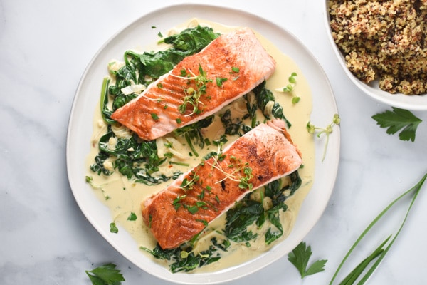 One Pan Salmon with Creamy Garlic Spinach | The Dizzy Cook