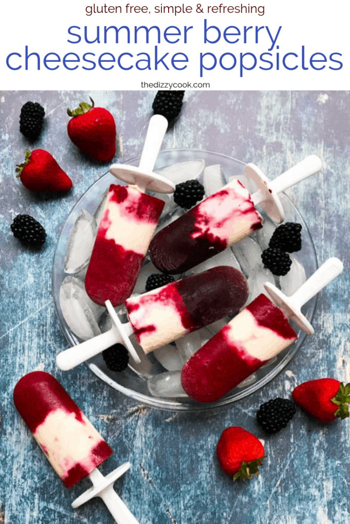 Made with a variety of berries, these gluten free summer treats are the perfect way to cool down. Berry Cheesecake Popsicles are the perfect mix of creamy and light! #popsicles #summertreats #pops #summerparty #cheesecake #glutenfree