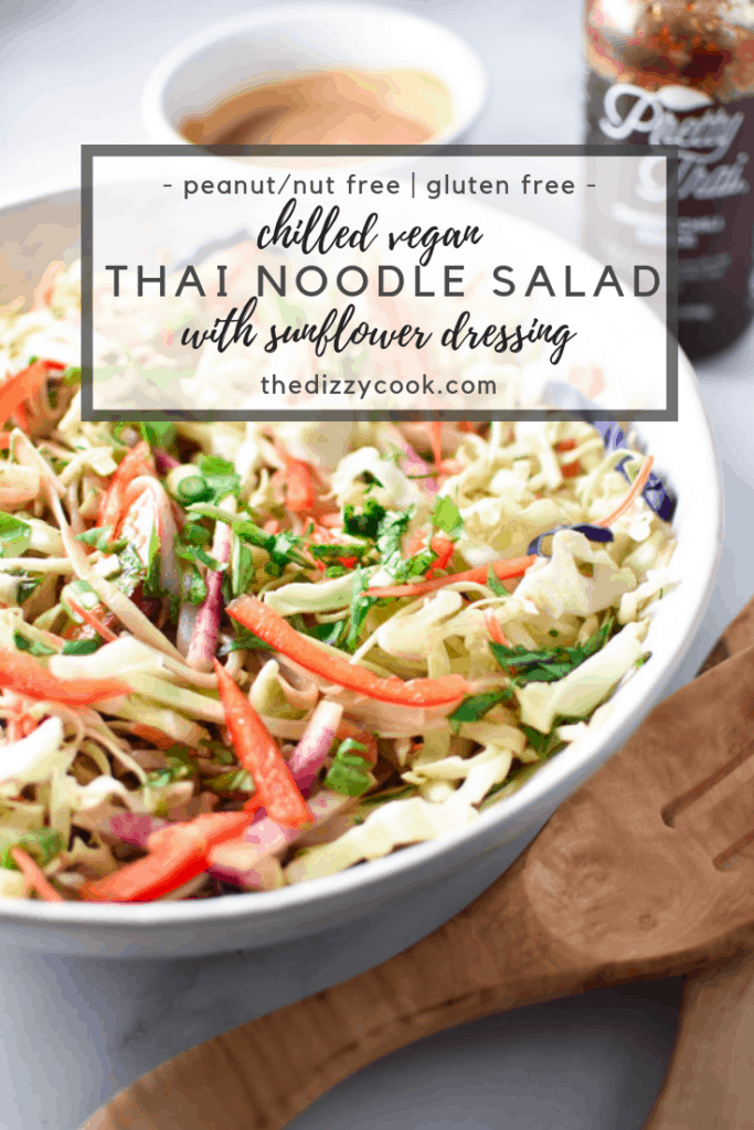 Peanut and nut free, this Thai Vegan Noodle Salad with Sunflower Dressing is the perfect cool salad on a hot day. Loaded with veggies and tossed in a creamy sunflower seed butter sauce, it's a fresh take on takeout. #thainoodle #peanutfree #soyfree #allergyfriendly