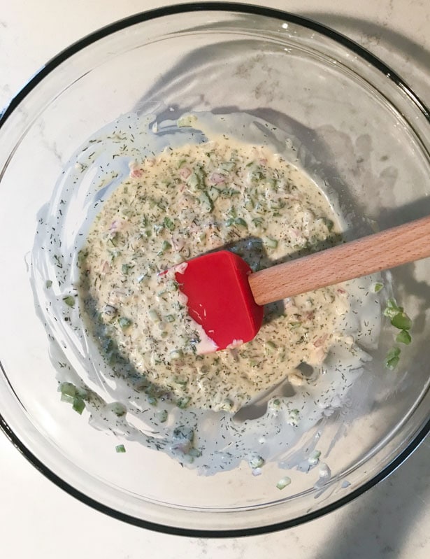 Whole30 potato salad dressing in a mixing bowl