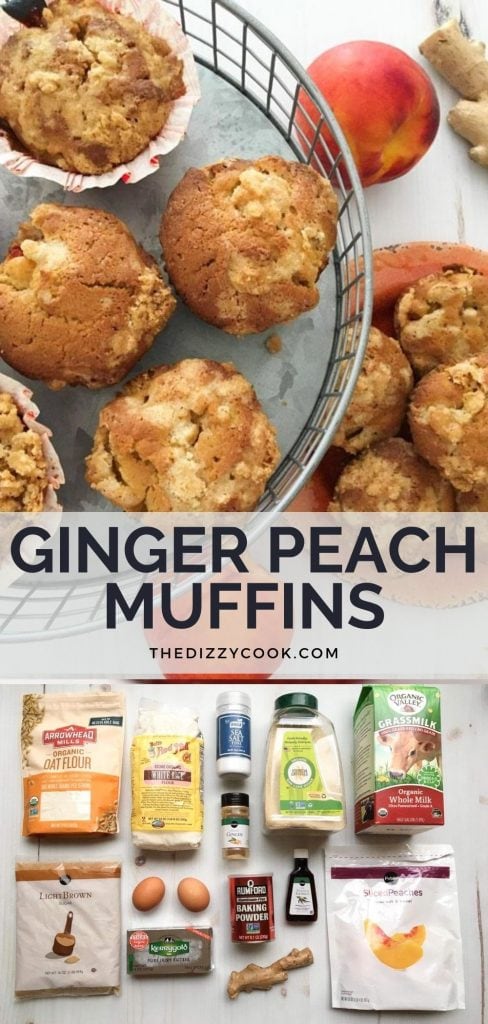 ginger peach muffins on a tray with ingredients underneath