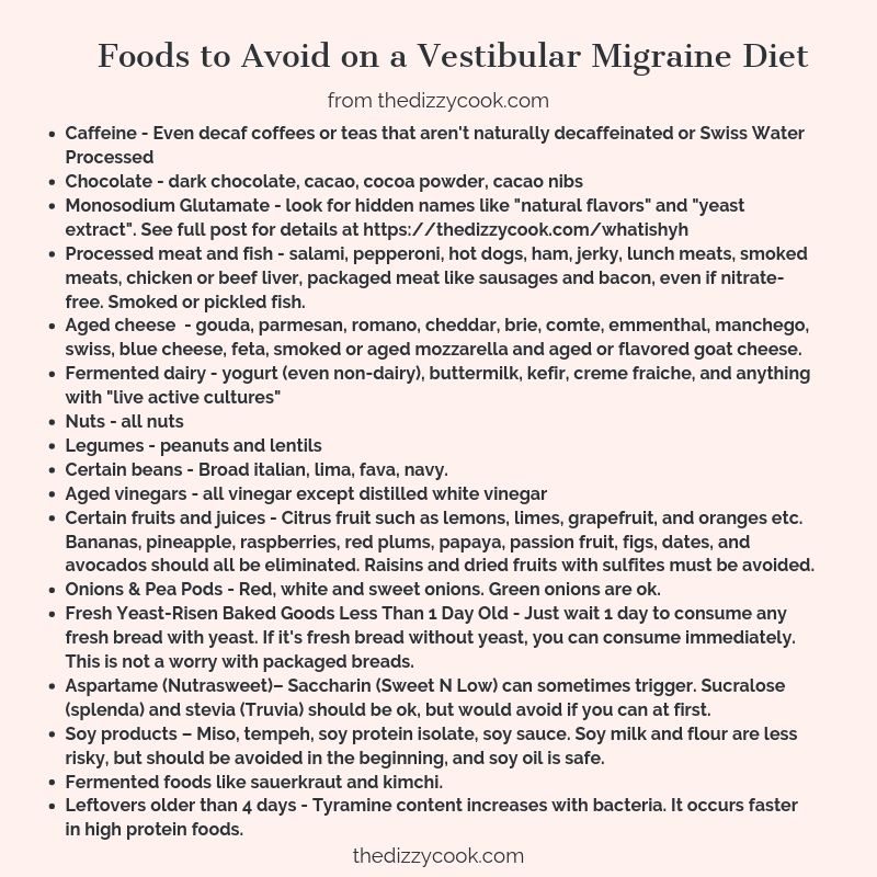 A list of foods to avoid for vestibular migraine. 