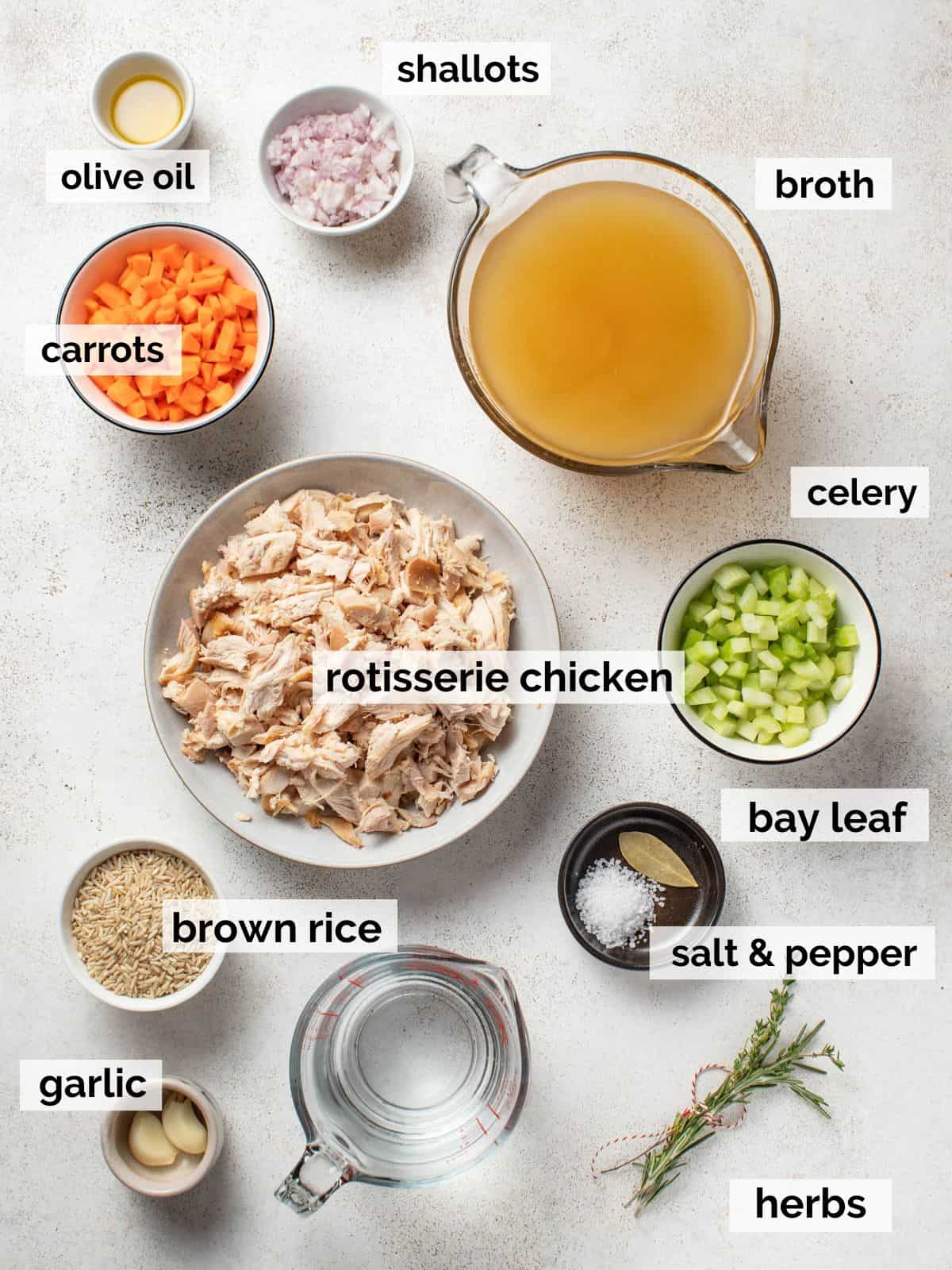Ingredients for chicken soup with brown rice and vegetables.