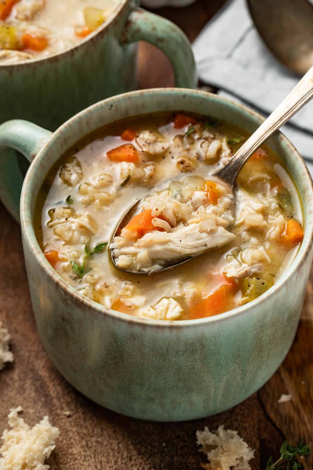 A spoon scooping chicken and brown rice soup with carrots and celery.