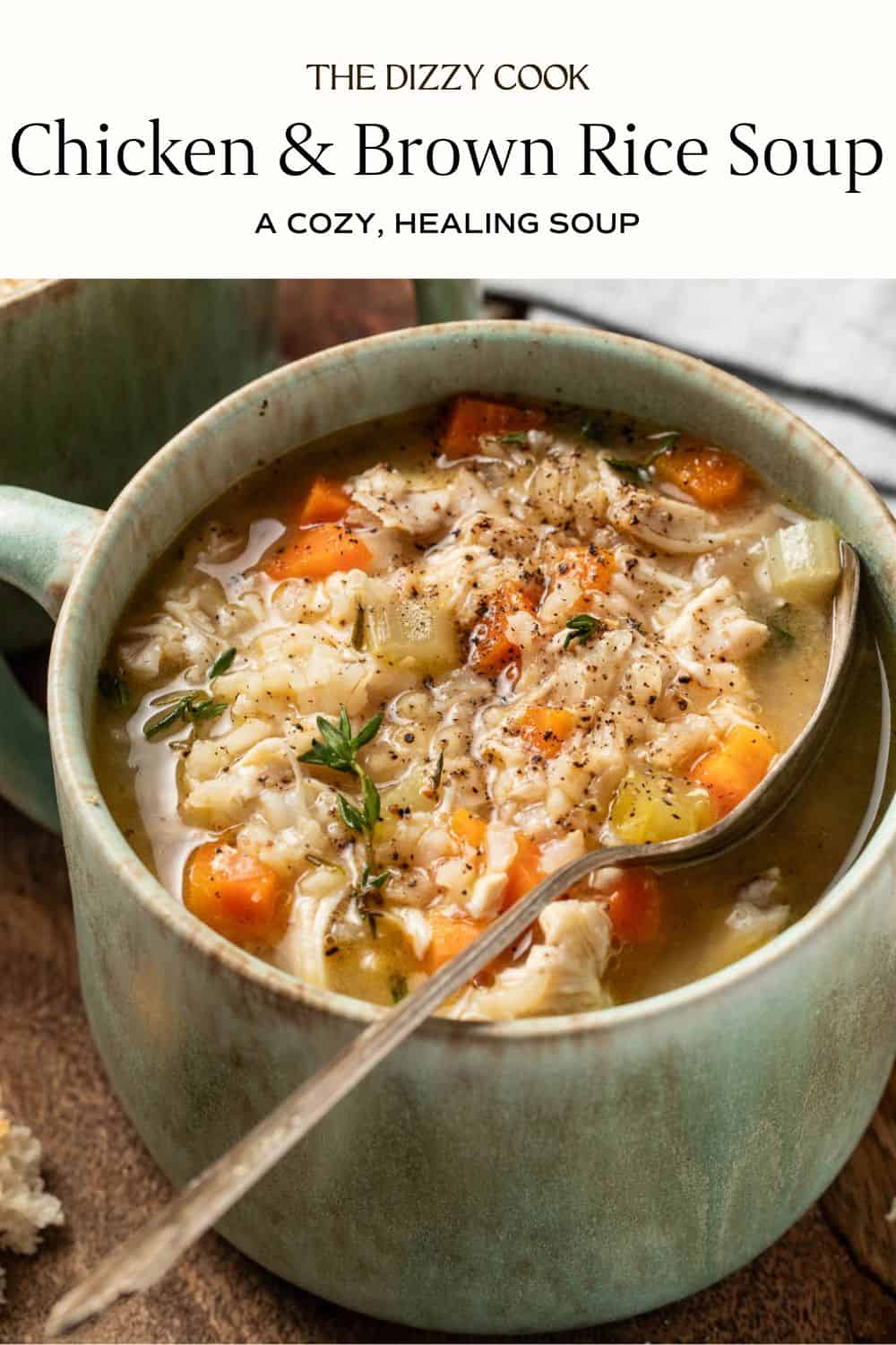 Chicken and rice soup in a bowl.