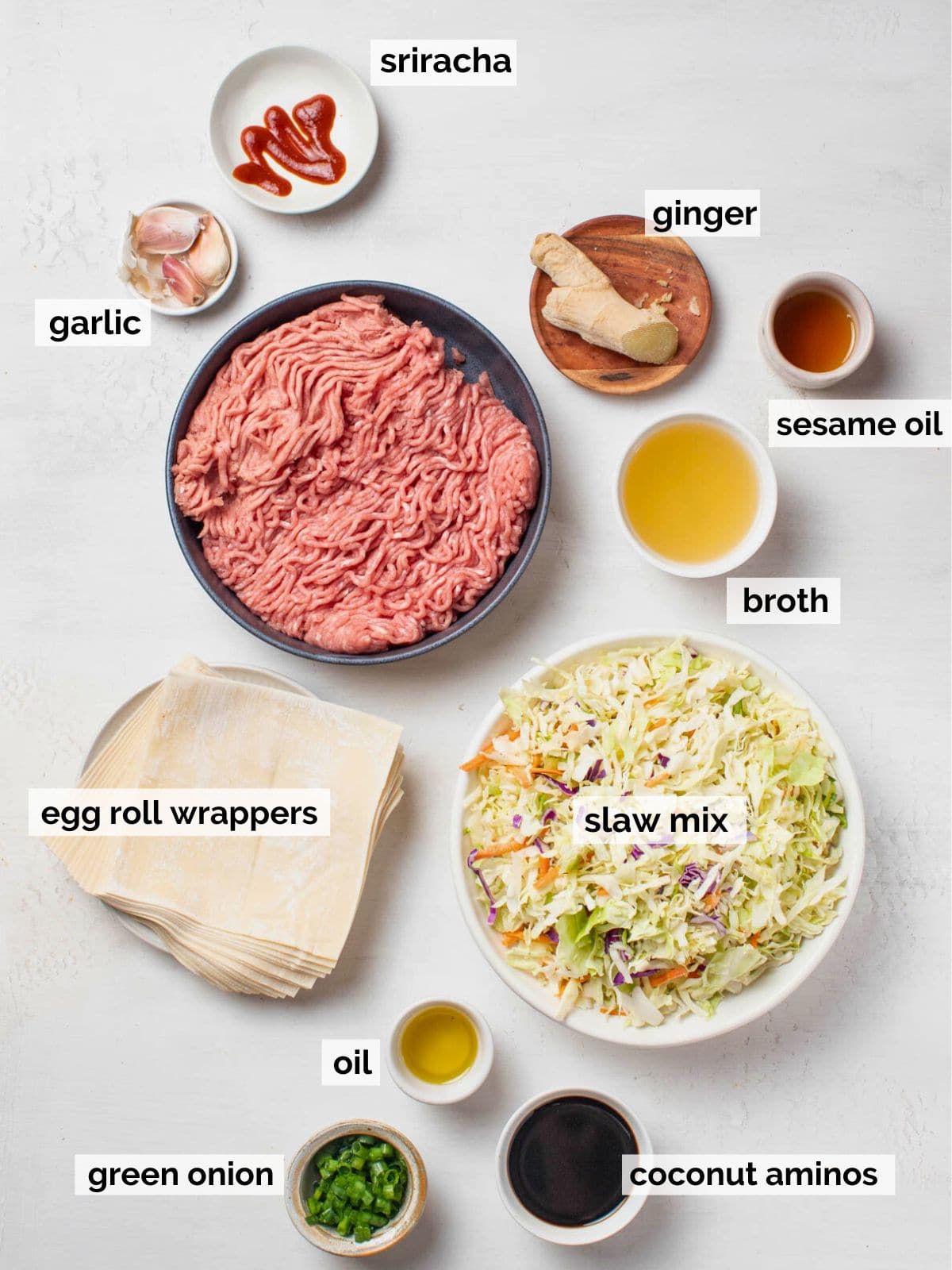 Ground turkey egg roll in a bowl ingredients.