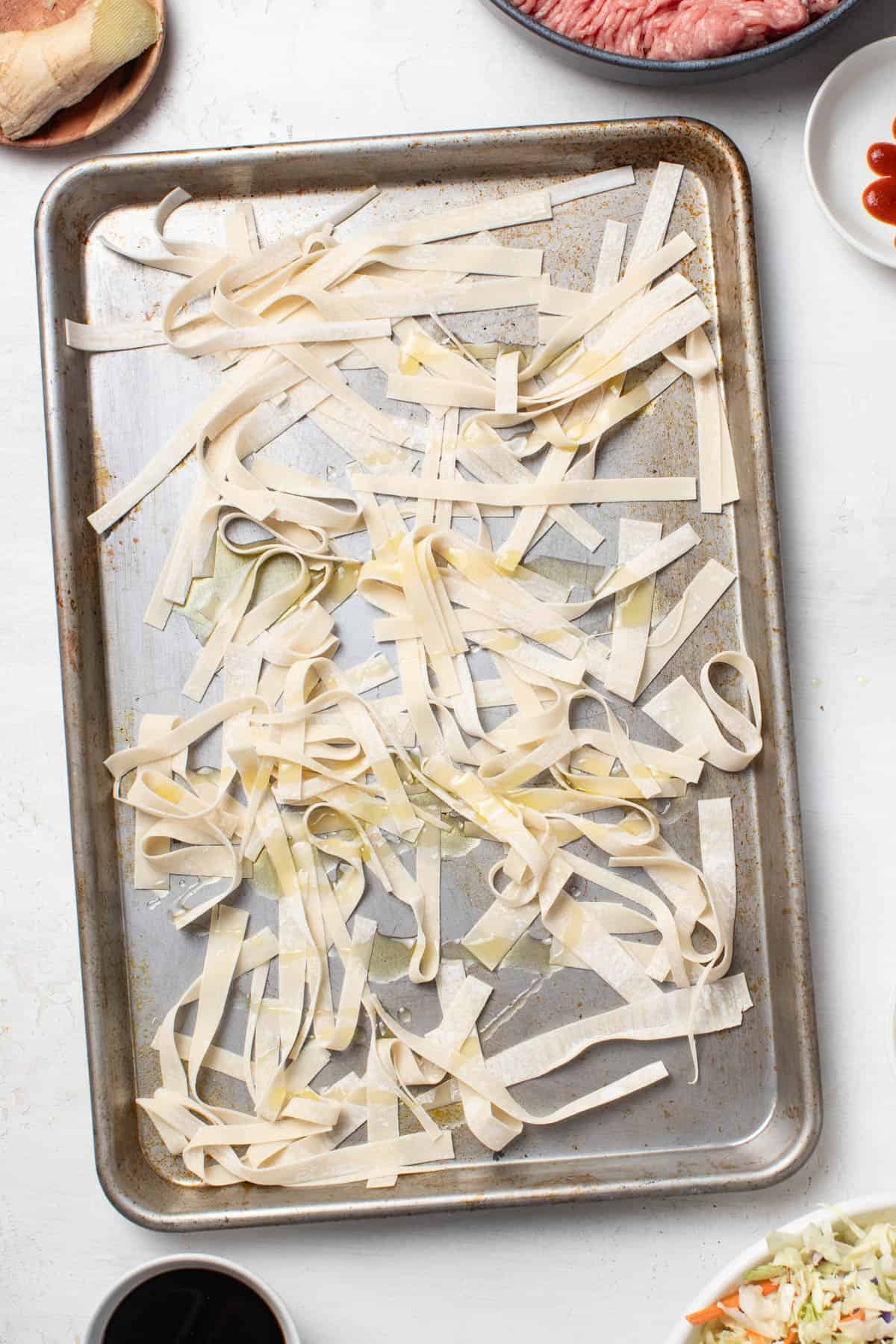 Egg roll strips before baking.