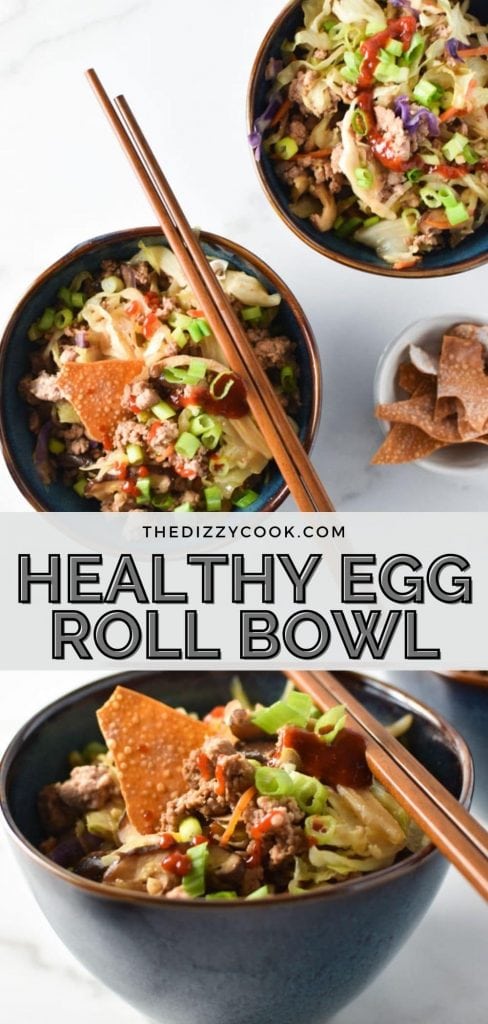 Two healthy egg roll bowls topped with sriracha and wonton strips with chopsticks