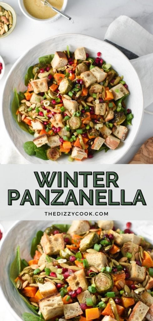 Roasted winter panzanella salad in a white bowl