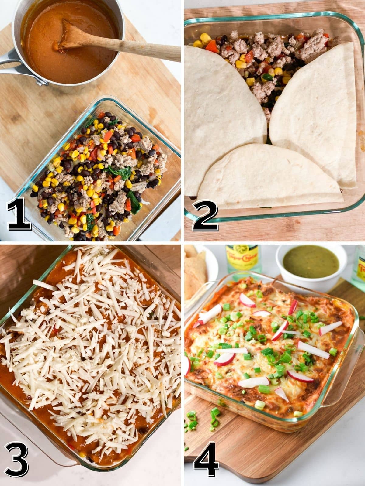 A step by step process for making enchilada casserole from preparing the sauce, layering tortillas and meat, and adding cheese