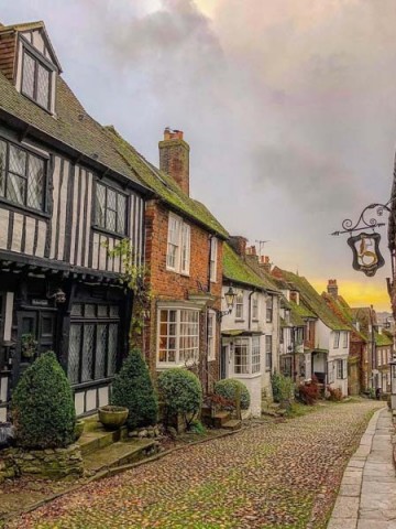 A street in Rye with the sun setting