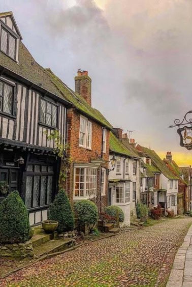 A street in Rye with the sun setting